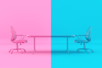 Confrontation Concept. Pink and Blue Boss Chairs and Desk as Duotone Style. 3d Rendering