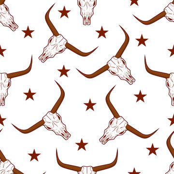 Longhorn skull with stars seamless pattern white background. Bull skull head with horns pattern vector illustration. Texas animal symbol.