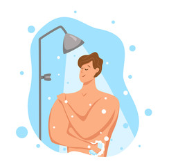 Man taking shower in bathroom. Vector illustration of happy guy washing himself with shampoo and soap.