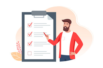 To-do list banner design, man holds a pencil and notes completed tasks on time. Time management concept. Vector illustration in a flat cartoon style.