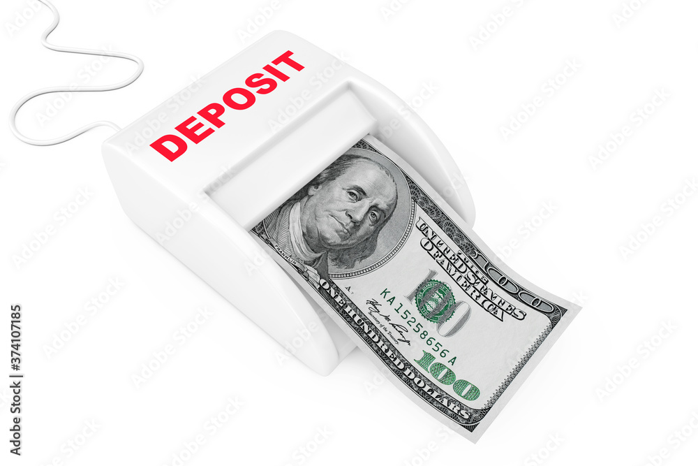 Aufkleber make money with deposit concept. money maker deposit machine with dollars banknote. 3d rendering