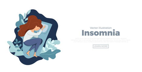 Sleepy awake woman in bed suffers from insomnia. Vector illustration