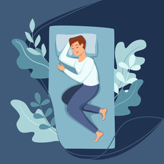 Sleepy awake woman in bed suffers from insomnia. Vector illustration