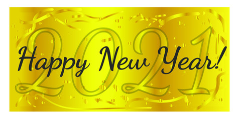 2021 Happy New Year vector illustration, new year banner in gold and black colors with confetti
