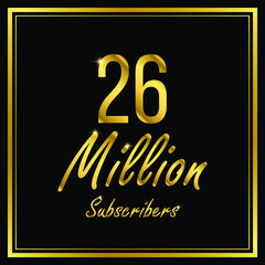 Twenty six or 26 Million followers or subscribers achievement symbol design, vector illustration.