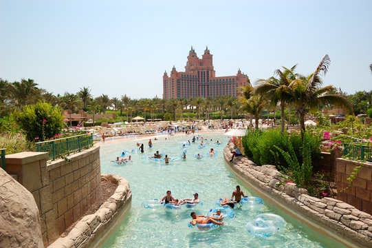 DUBAI, UAE - AUGUST 28: The Aquaventure waterpark of Atlantis the Palm hotel, located on man-made island Palm Jumeirah on August 28, 2009 in Dubai, United Arab Emirates