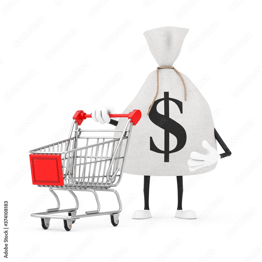 Aufkleber tied rustic canvas linen money sack or money bag and dollar sign character mascot with shopping cart
