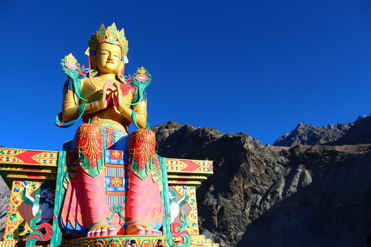 Buddha statue at Buddhist monastery Diskit, Ladakh, India. Golden Buddha, Tibet