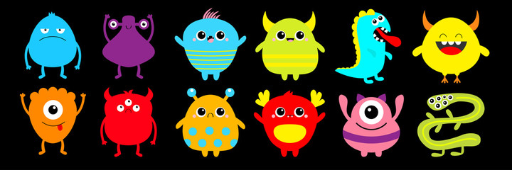 Monster set. Happy Halloween. Cute cartoon kawaii colorful sad character icon. Eyes, horns, hands up, tongue. Funny baby collection. Black background. Isolated. Flat design.