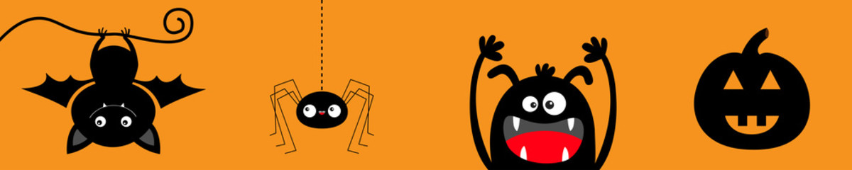 Happy Halloween banner. Monster hanging bat, spider, pumpkin set. Funny head face. Insect on dash line web. Cute kawaii cartoon scary character. Orange background. Isolated. Flat design.