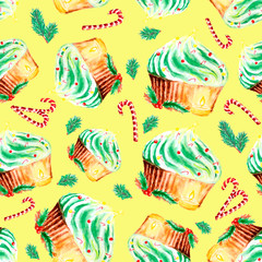 Watercolor christmas cake seamless pattern. merry christmas pattern with christmas cake, candy cane, spruce branches (christmas tree branches) on white background