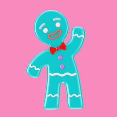 Holiday Decorated Classic Blue Gingerbread Man Cookie in Duotone Style. 3d Rendering