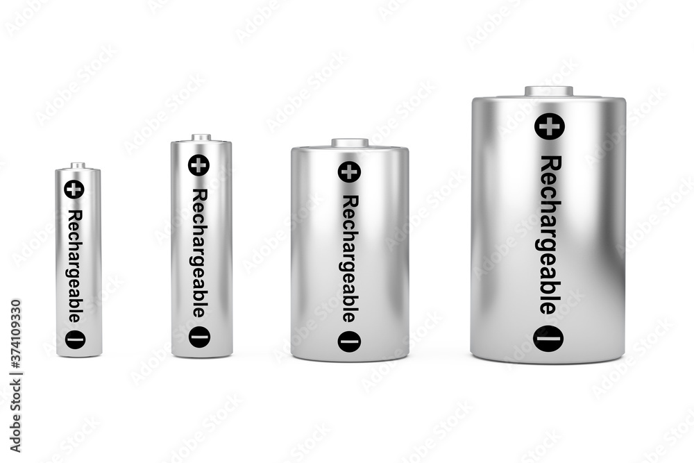 Poster Alkaline Batteriy Icon Set with Diffrent AAA, AA, C, D Size and Rechargeable Sign. 3d Rendering