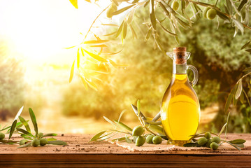 Olive oil in jug on wooden table in field sun