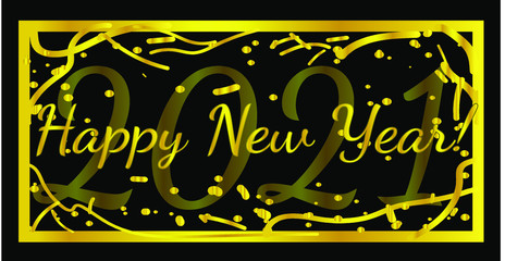 2021 Happy New Year vector illustration, new year  vector banner in gold and black colors with confetti
