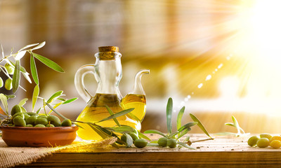 Traditional olive oil from organic harvest in rustic country kitchen