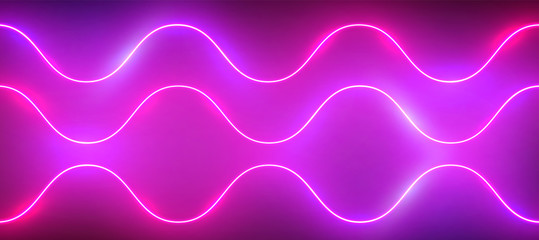 Realistic glowing neon waves pattern with glow and reflections, vector illustration