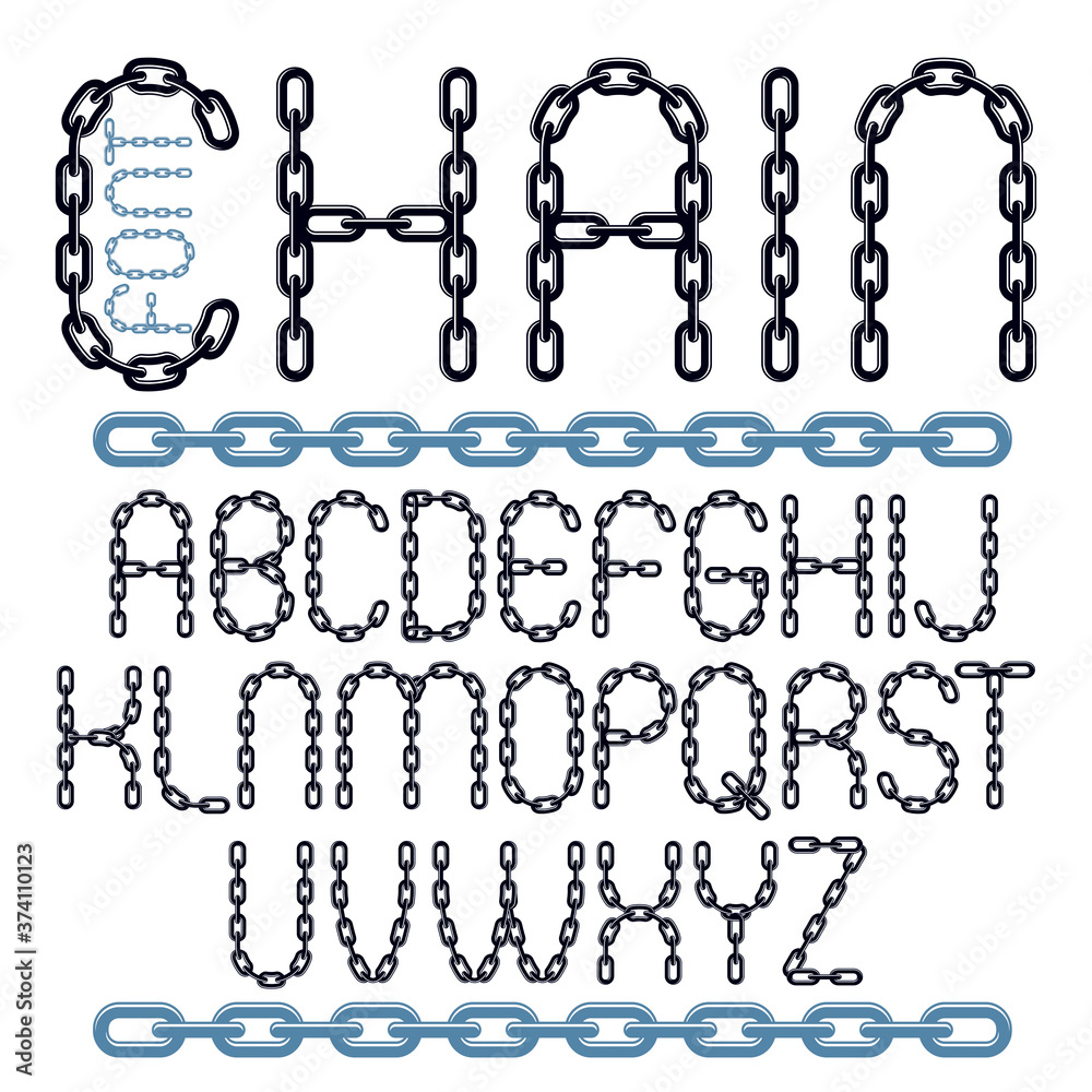 Poster vector type font, script from a to z. capital decorative letters created using chrome chain, linkage