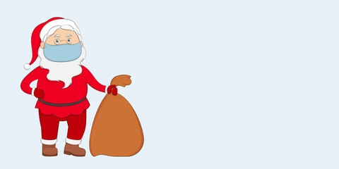 Santa Claus in medical mask hold bag with gifts. Christmas 2020 conceptual poster with copy space. Vector illustration.