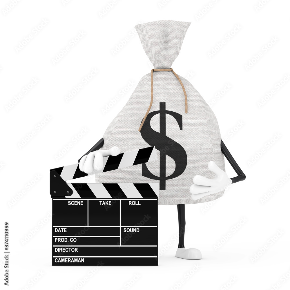 Poster tied rustic canvas linen money sack or money bag and dollar sign character mascot with movie clapper