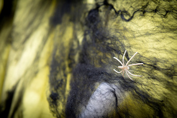 white toy spider on a black web on a yellow , Halloween
