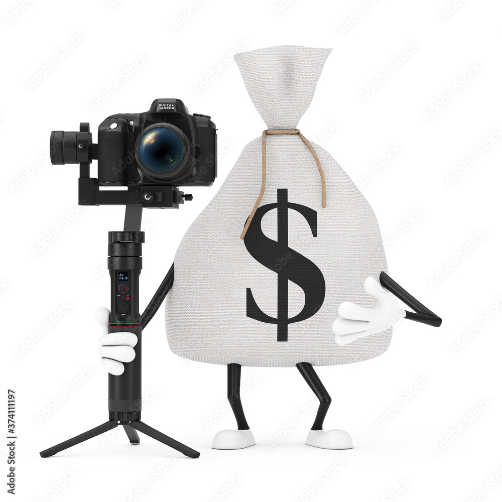 Aufkleber tied rustic canvas linen money sack or money bag and dollar sign character mascot with dslr or video