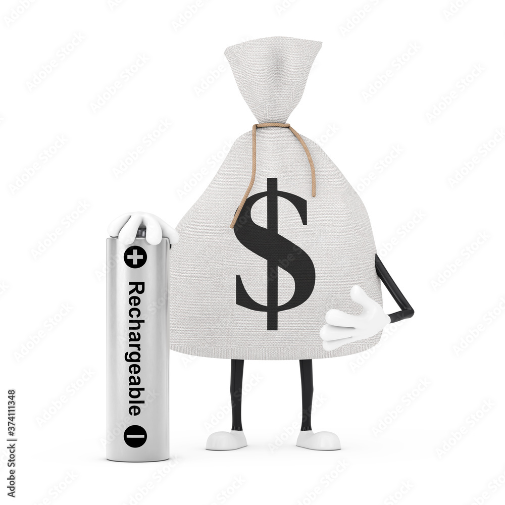 Poster tied rustic canvas linen money sack or money bag and dollar sign character mascot with rechargeable 