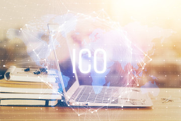 Double exposure of blockchain theme hologram and table with computer background. Concept of bitcoin...