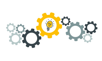 Cogwheels brain. Think big ideas. Gear mechanism settings tools template banner. Funny vector cog signs. Cogwheel strategy teamwork concept icons. 
Gears in Progress. Cogs wheels pictogram. Idea
