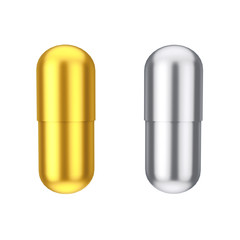 Golden and Silver Medical Pharmaceutical Drug Capsule Pills. 3d Rendering