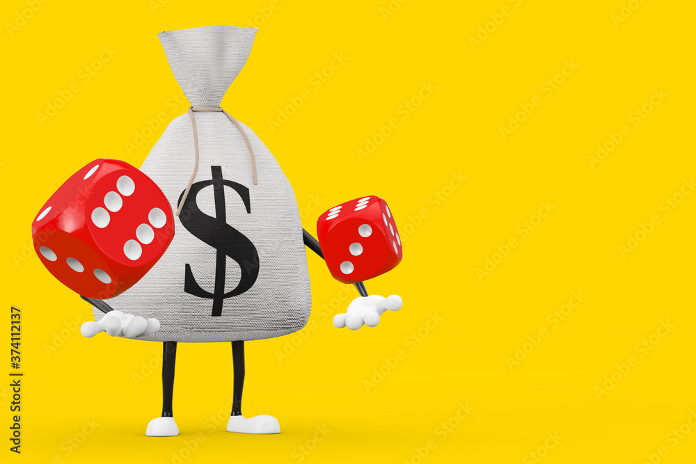 Leinwandbilder tied rustic canvas linen money sack or money bag and dollar sign character mascot with red game dice
