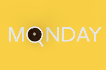 Cheerful Morning Concept. Cup of Black Coffe as Monday Sign. 3d Rendering