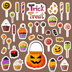 Stickers set of Halloween sweets. Big delicious collection. Hand drawn desserts stickers pack. Scrapbook elements, decoration icons. Halloween treats and treat bowl stickers patch. Isolated.