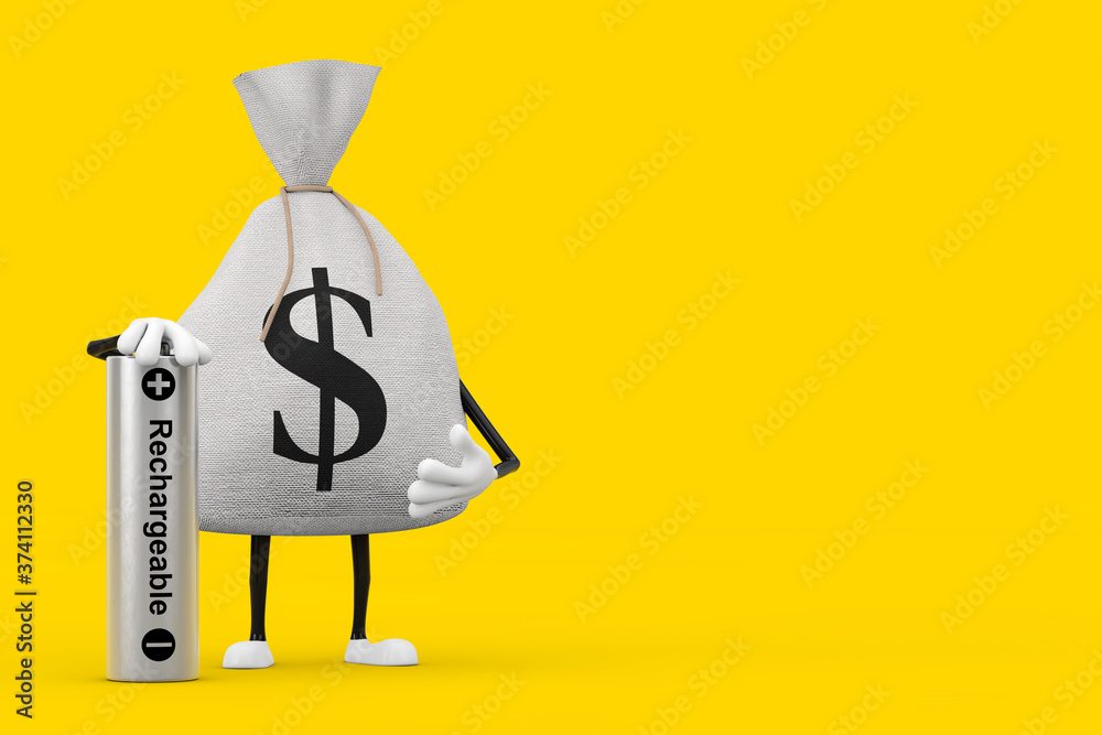 Poster tied rustic canvas linen money sack or money bag and dollar sign character mascot with rechargeable 