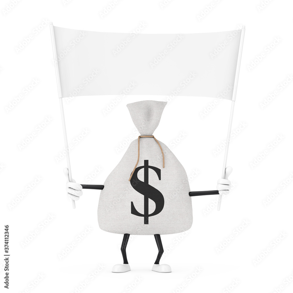 Leinwandbilder Tied Rustic Canvas Linen Money Sack or Money Bag and Dollar Sign Character Mascot with Free Space Empty White Blank Banner for Your Design. 3d Rendering