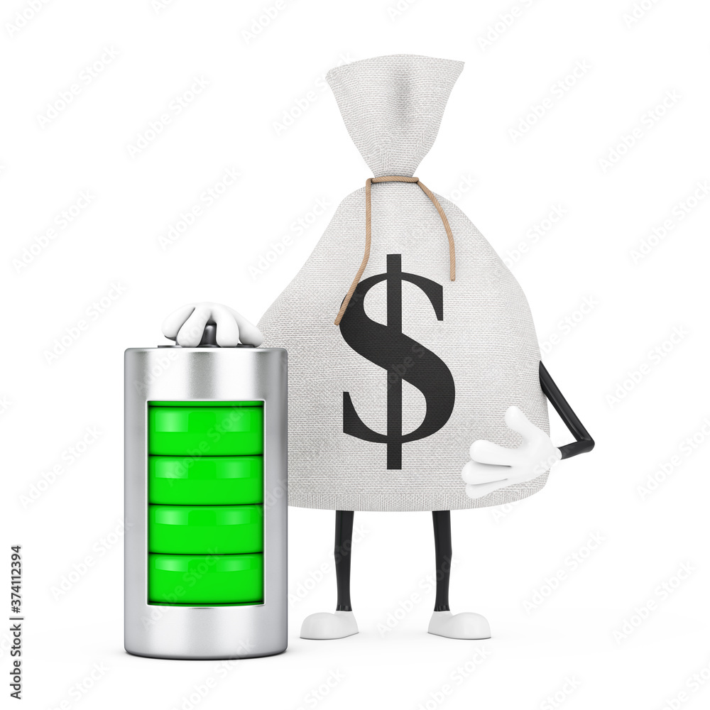 Poster tied rustic canvas linen money sack or money bag and dollar sign character mascot with abstract char