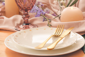 Beautiful table setting in restaurant, closeup