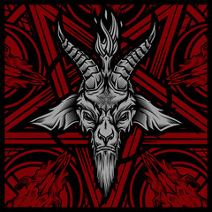 Baphomet goat head. Vector illustration in stylish engraving technique of goat head with torch light and pentagram on background. Occult symbol. 