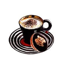 A brown Cup with coffee and chocolate chip cookies on a plate. Watercolor illustration on a white background.