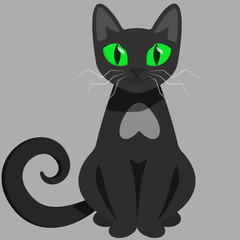 Sitting black cat. Halloween character in cartoon style.