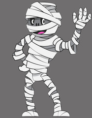Mummy waving hand. Halloween character in cartoon style.