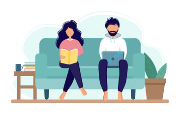 Home office during coronavirus outbreak concept, woman and man work from home with laptop and book. Vector illustration in flat style. Stay at home. Employees are working from home. Self-isolation.