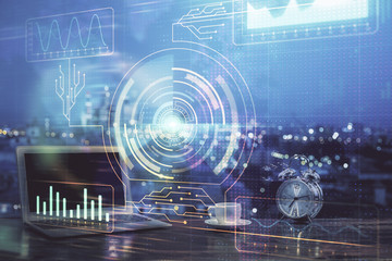 Multi exposure of computer on background and technology theme drawing. Concept of innovation.