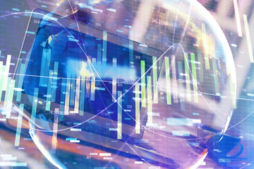 Multi exposure of business theme icons and table with computer background. Concept of success.