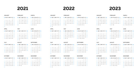 The 2021 2022 2023 calendar template with vertical monthly columns - 374113737