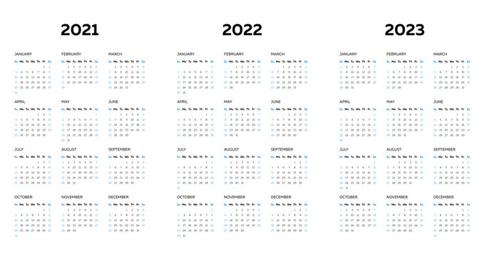The 2021 2022 2023 calendar template with vertical monthly columns