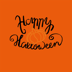Hand written lettering Happy Halloween with pumpkin on orange background