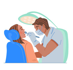 Woman cartoon character patient undergoes oral health exam in dental clinic. Medical stomatology examination or treatment scene for dentistry, flat vector illustration isolated on white.