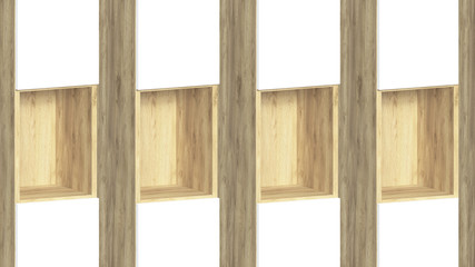 Empty shelves for presentation. Stylish modern wooden rack close-up 3d render