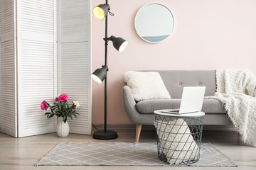 Stylish interior of room with mirror, lamp and sofa